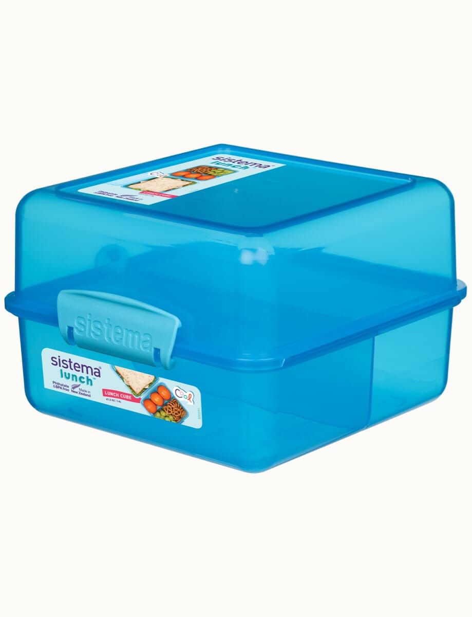 קופסת אוכל מרובעת מחולקת 1.4  ל’ צבע כחול מבית Sistema+מדבקת שם מעוצבת מתנה!