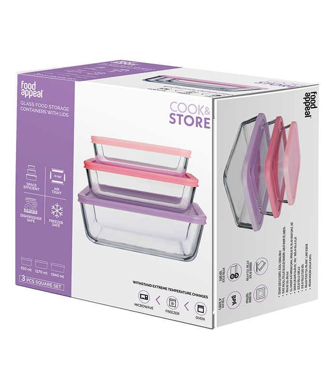 סט אחסון זכוכית 3 חל' מרובע מכסה סיליקון COOK & STORE מבית FOODAPPEAL