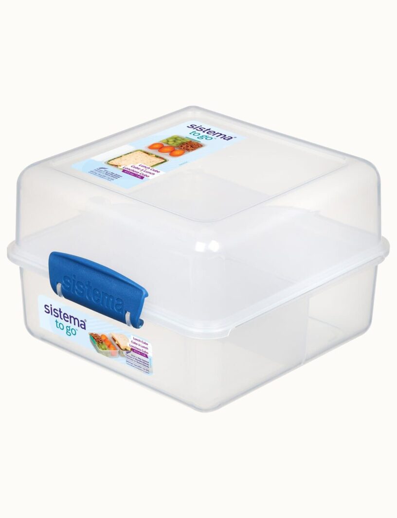קופסת אוכל שקופה מרובעת מחולקת 1.4 סוגר כחול מבית Sistema +מדבקת שם מעוצבת מתנה!