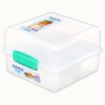 קופסת אוכל שקופה מרובעת מחולקת 1.4 ל’ סוגר טורקיז מבית Sistema+מדבקת שם מעוצבת מתנה!
