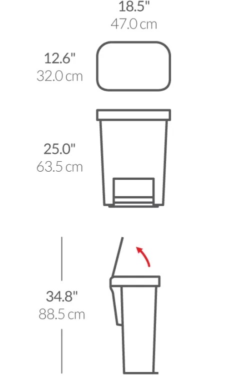 פח פלסטיק דוושה מלבני, אפור 45 ל' simplehuman