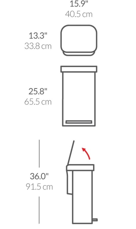פח לבן מלבני נירוסטה, דוושה רחבה 45 ל' simplehuman