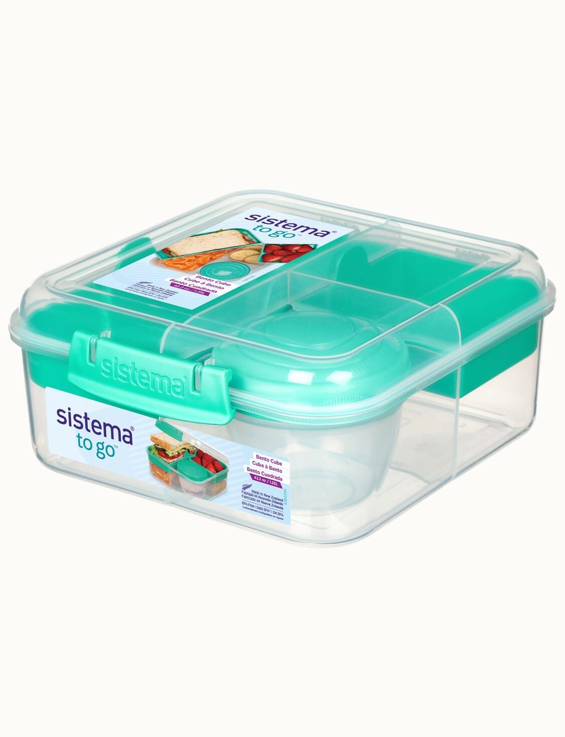 קופסת אוכל מחולקת צבע טורקיז-שקוף 1.25 ל' עם מיכל תוספות בצבעים מבית SISTEMA