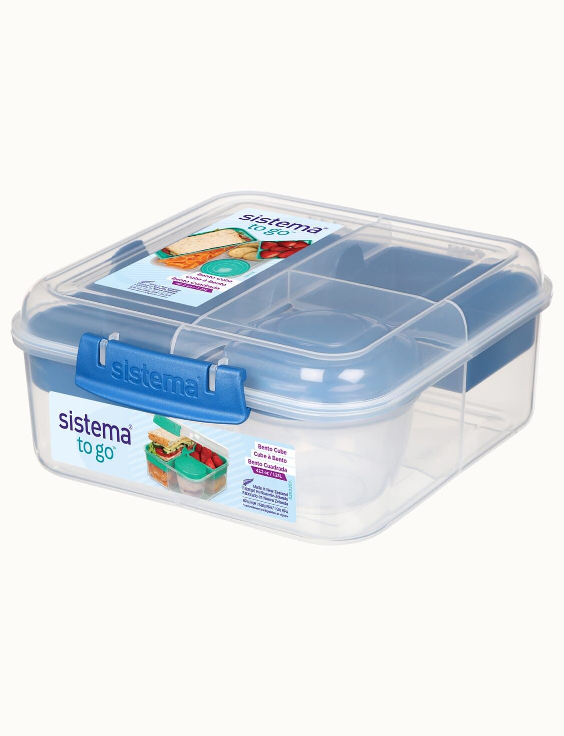 קופסת אוכל מחולקת צבע כחול-שקוף 1.25 ל' עם מיכל תוספות בצבעים מבית SISTEMA