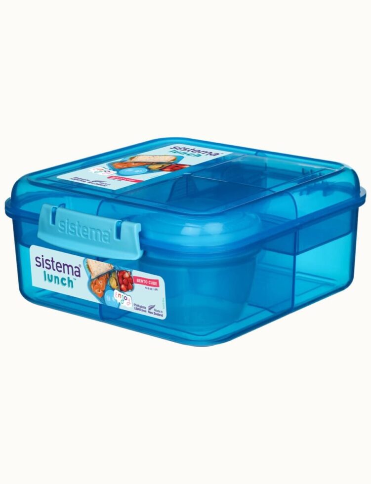 קופסת אוכל מחולקת צבע כחול 1.25 ל' עם מיכל תוספות בצבעים מבית SISTEMA