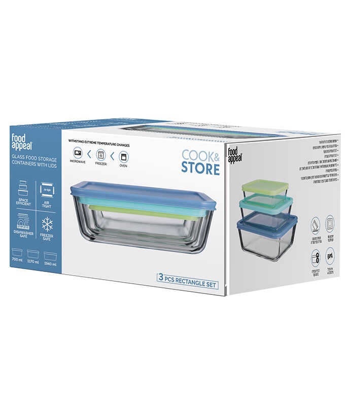 סט אחסון זכוכית 3 חל' מלבני מכסה סיליקון COOK & STORE מבית FOODAPPEAL