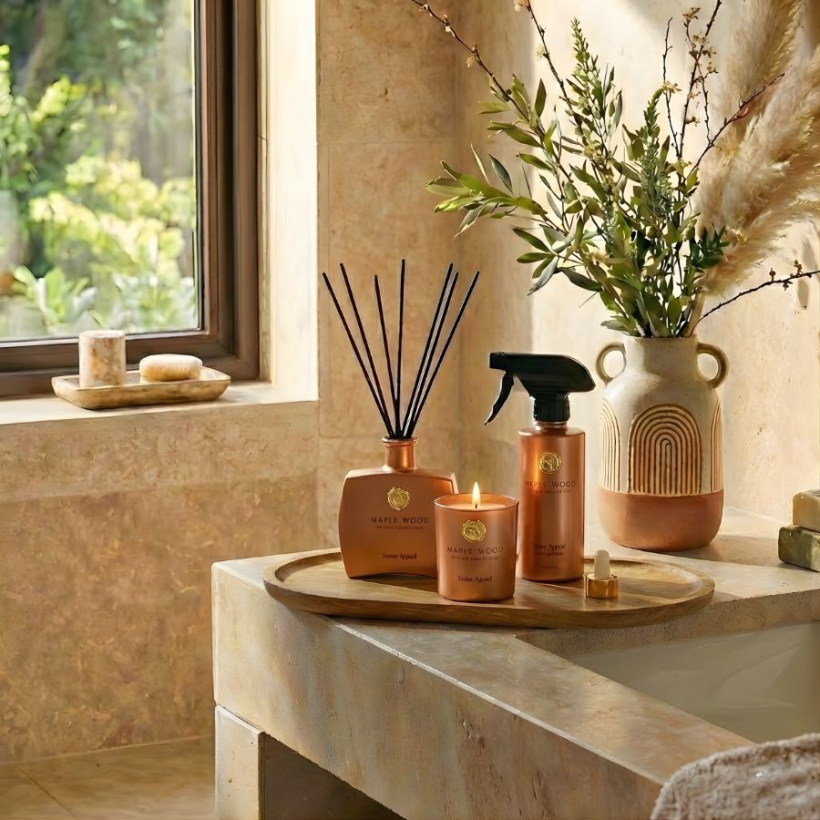 נר מפיץ ריח  MAPLE WOOD (רוז גולד) מבית Sense appeal