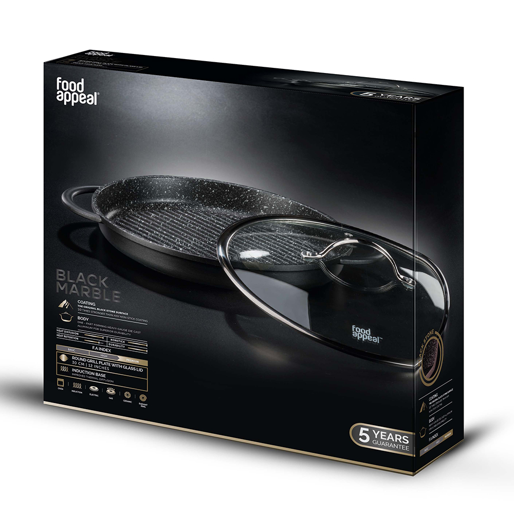 פלטת גריל עגולה עם מכסה זכוכית 30 ס"מ BLACK MARBLE מבית Food appeal