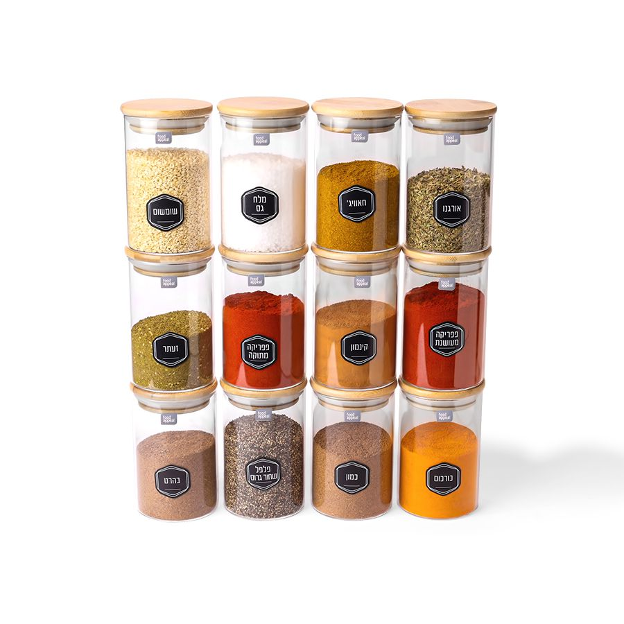 מארז 12 אחסוניות זכוכית עגולות לתבלינים 300 מ"ל + מדבקות מבית Food appeal